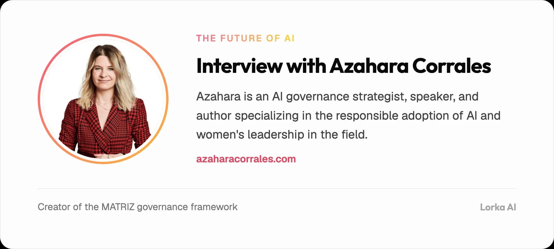 Azahara Corrales, AI governance strategist and creator of the MATRIZ framework, interviewed about the AI gender gap and future of AI.