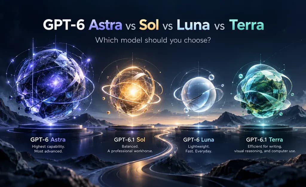 GPT-6 Astra vs Sol vs Luna vs Terra comparison, illustrated as four futuristic glowing spheres representing different AI models and capabilities.