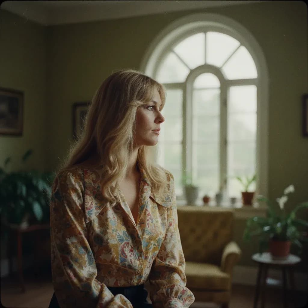 1970s-inspired cinematic portrait with soft focus, natural window light, and visible film grain.