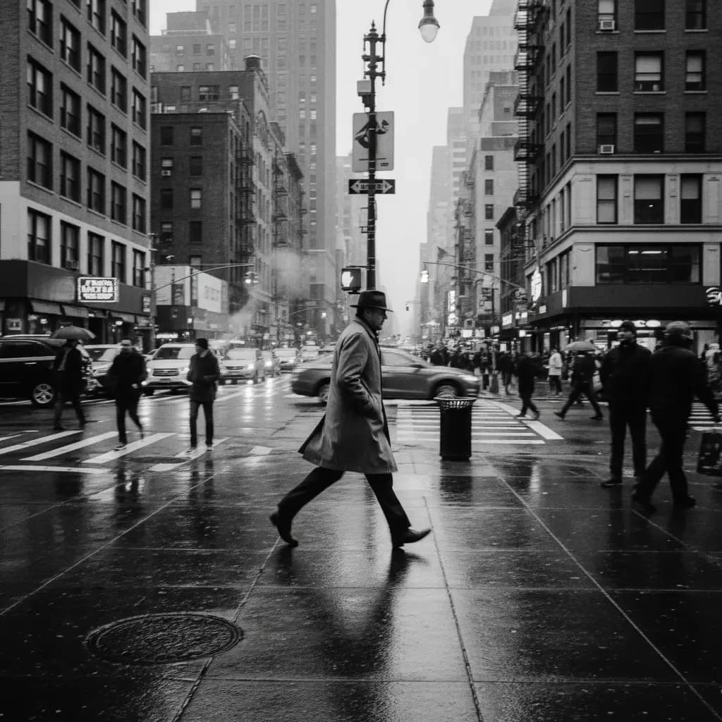High-contrast black and white cinematic street photo of a man crossing a rainy intersection.