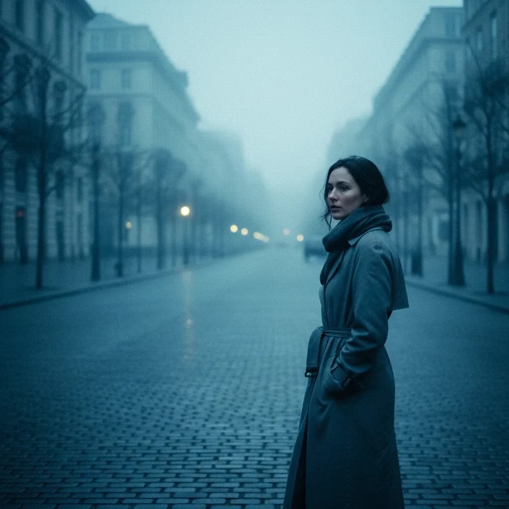 Cinematic portrait of a woman standing on a foggy city street at dawn with cool blue tones.