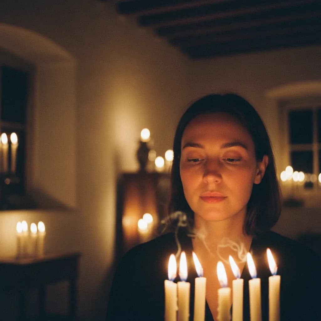 Low-light cinematic portrait lit by candles with warm tones and soft shadows.