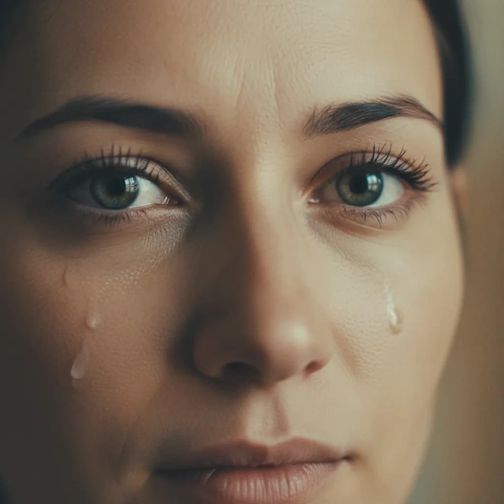 Extreme close-up cinematic portrait of a woman with tears and shallow depth of field.