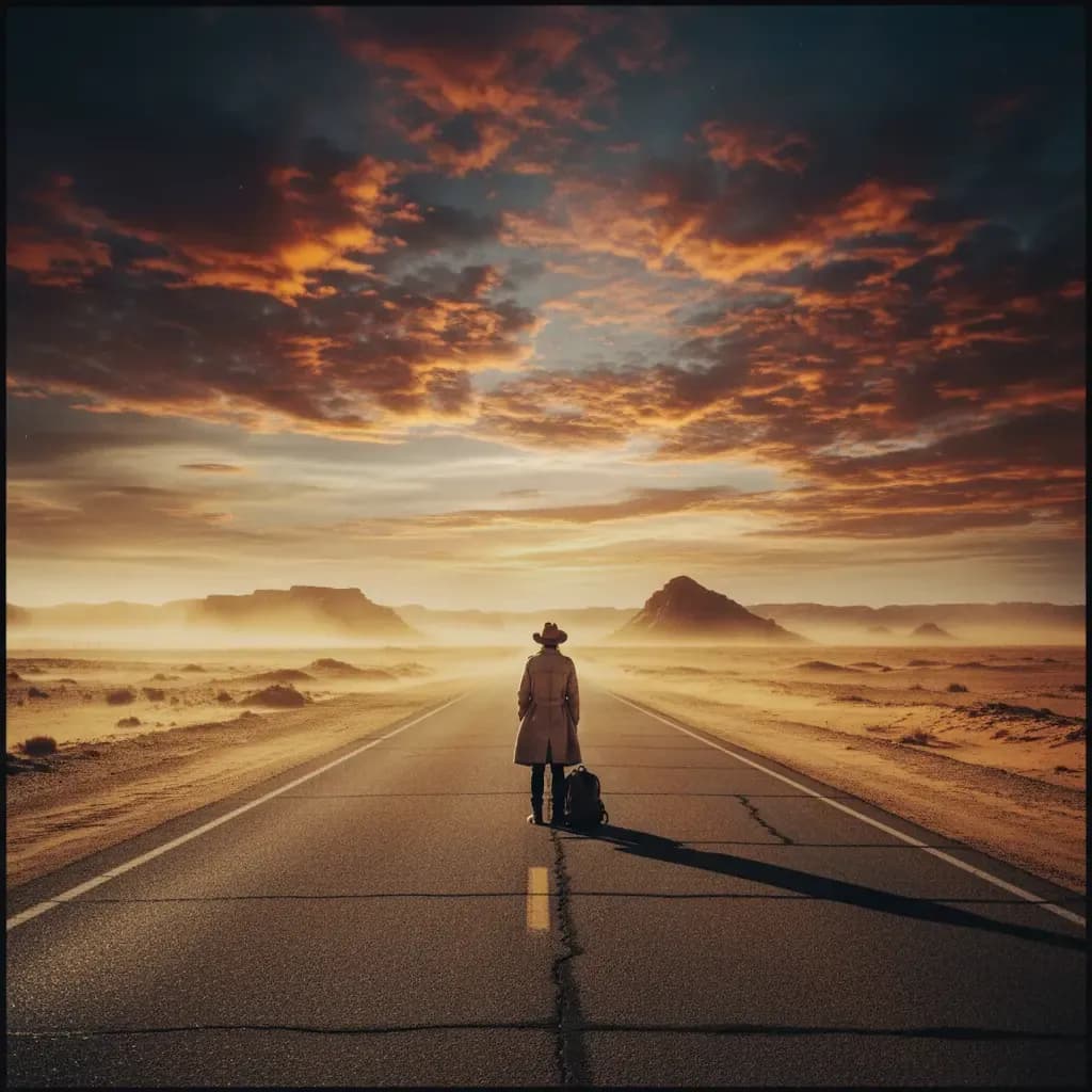 AI-generated cinematic desert highway scene with a lone traveler standing under dramatic sunset clouds.