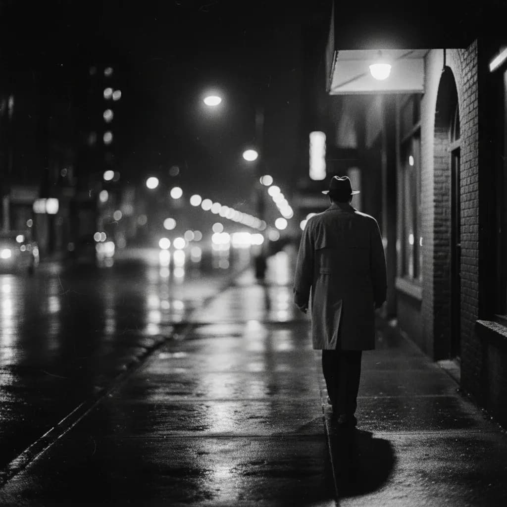 Black and white film noir scene of a man walking alone on a rainy city street at night.
