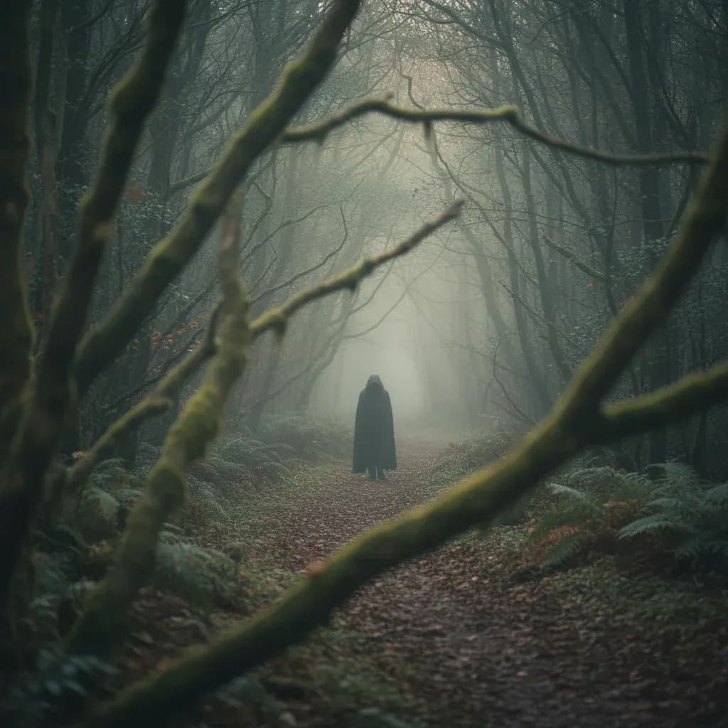 Atmospheric cinematic photo of a lone figure walking through a dense foggy forest.