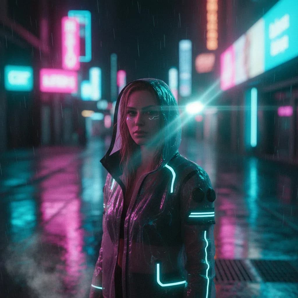 Cyberpunk-style cinematic portrait of a woman under neon city lights with rain reflections.