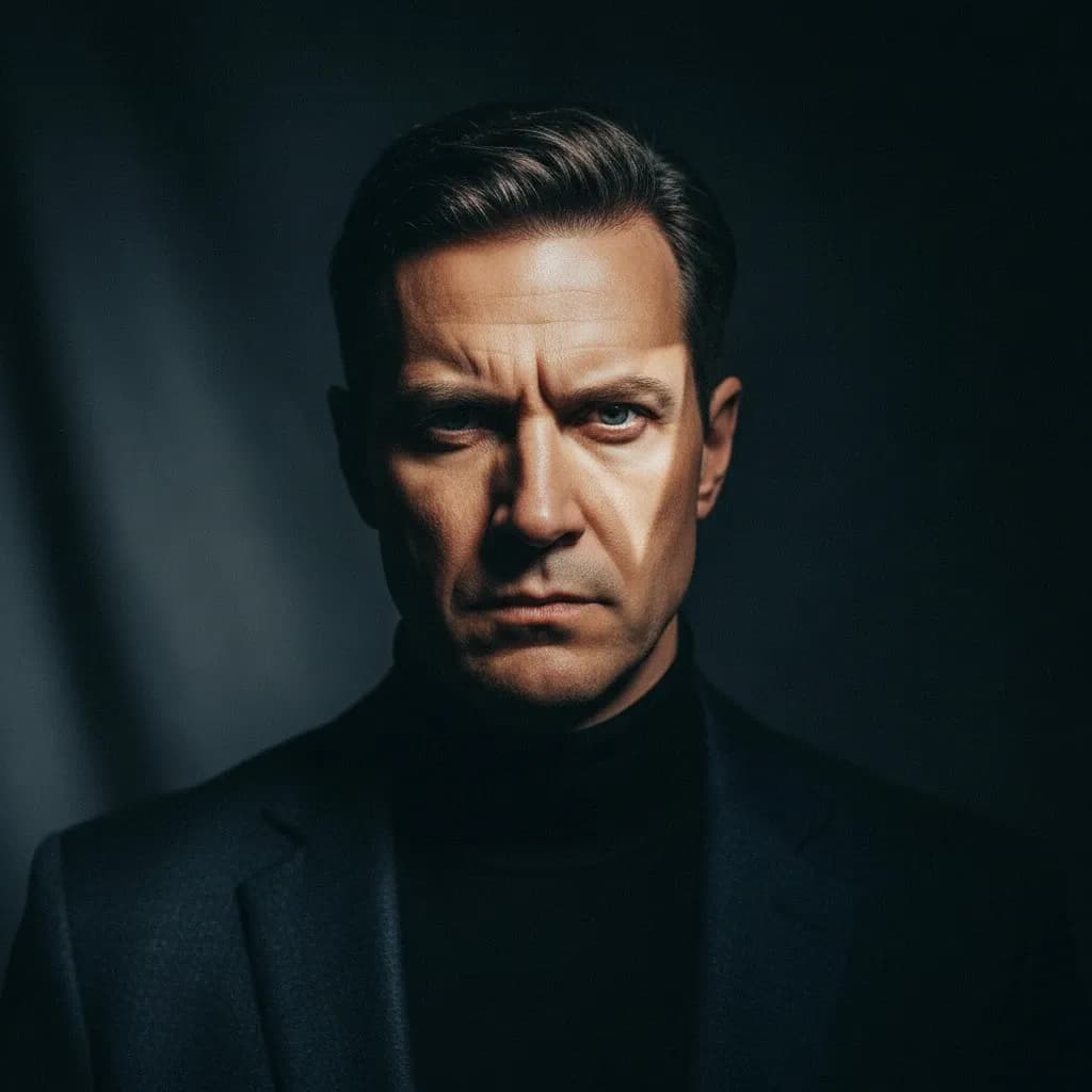 Dramatic cinematic studio portrait of a man with Rembrandt lighting and dark background.