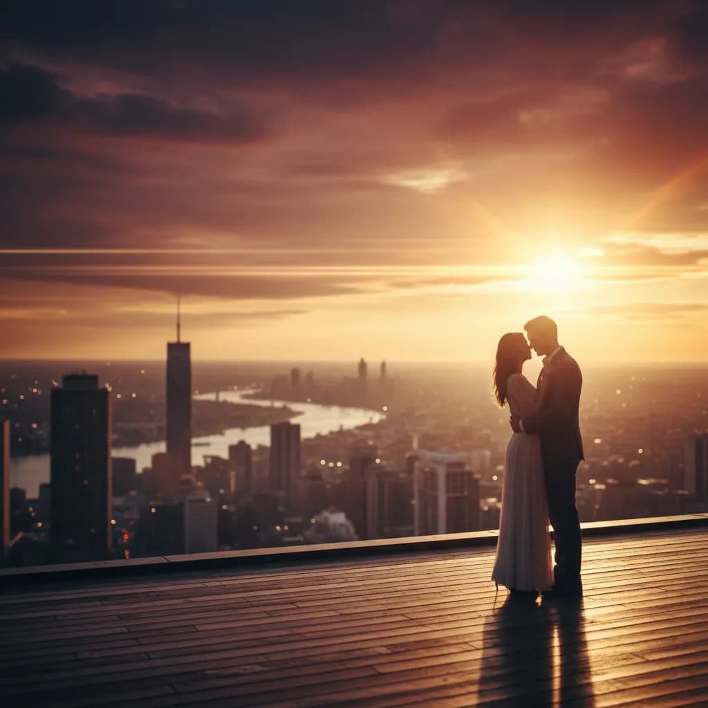 Cinematic rooftop couple embracing at golden hour overlooking a city skyline.