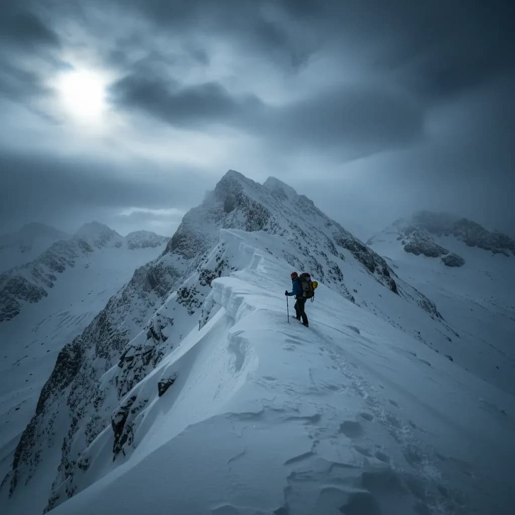 Cinematic mountain landscape of a lone hiker walking along a snowy ridge under dramatic clouds.
