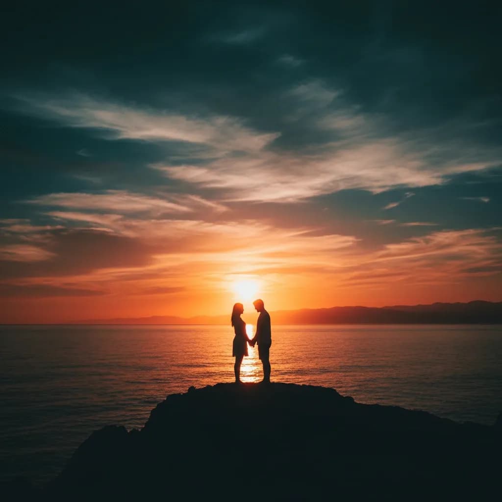 Wide cinematic shot of a couple silhouetted against a glowing ocean sunset.