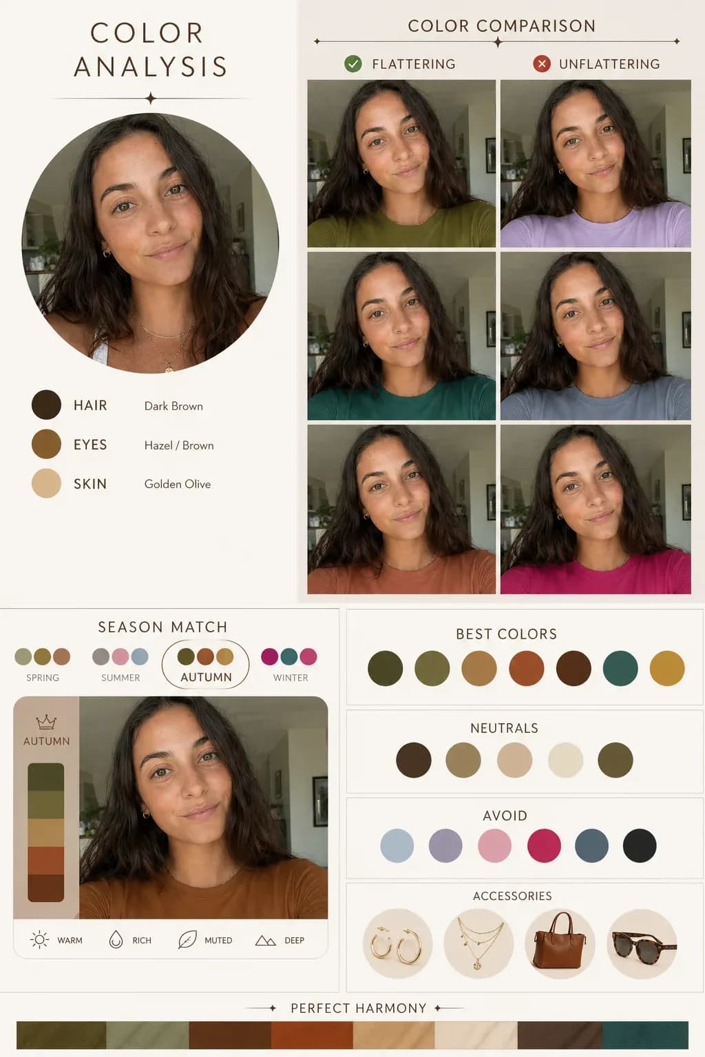 AI color analysis infographic showing an autumn palette, flattering colors, neutrals, and colors to avoid.