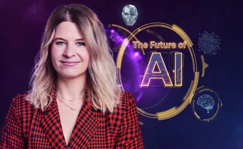 Azahara Corrales alongside “The Future of AI” graphics, representing her insights on the AI gender gap and inclusive AI development.