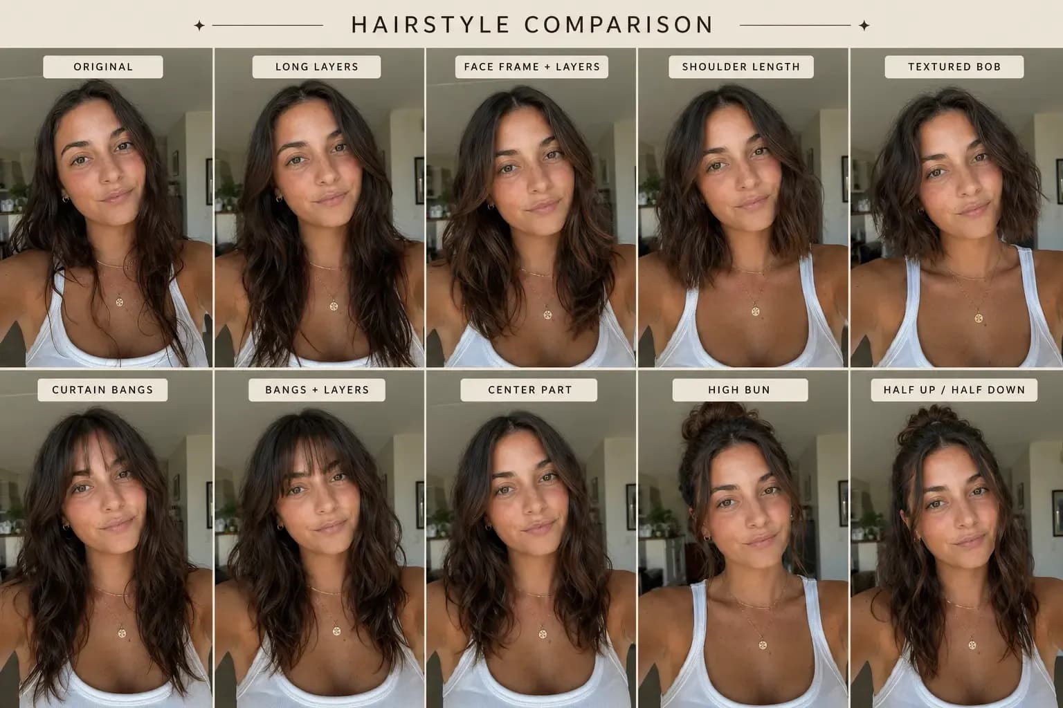 AI hairstyle comparison chart showing long layers, bangs, bob, bun, and half-up styles on the same portrait.