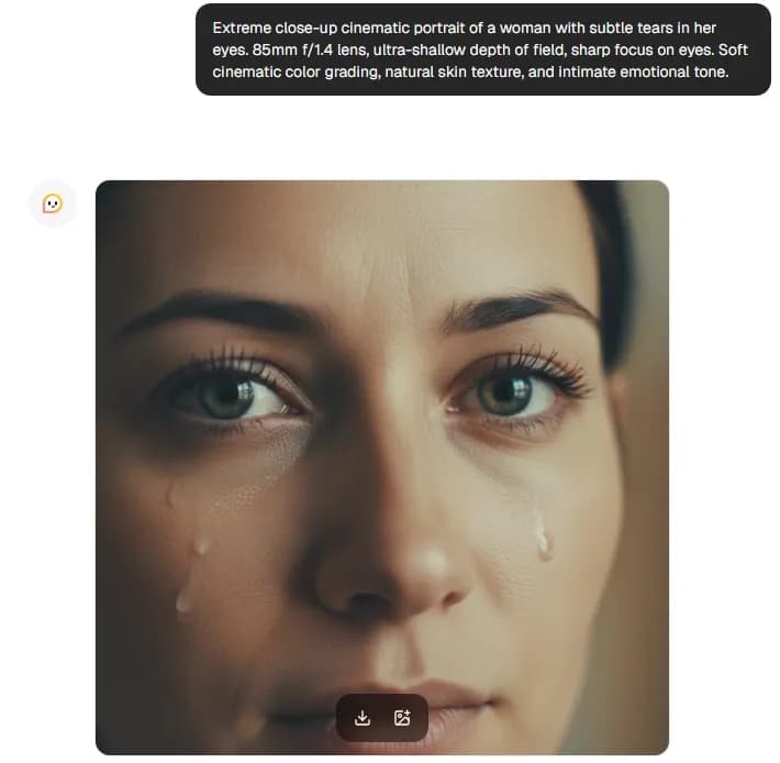 Extreme close-up cinematic portrait of a woman with subtle tears, shallow depth of field and soft natural skin tones.