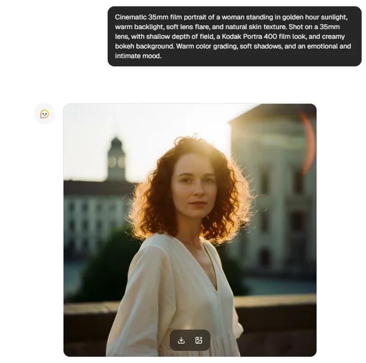 Cinematic 35mm film portrait of a woman in golden hour sunlight with warm backlight and soft lens flare.