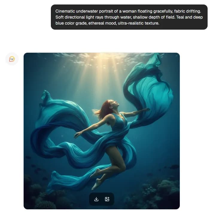 Cinematic underwater portrait of a woman floating gracefully with flowing blue fabric and light rays.