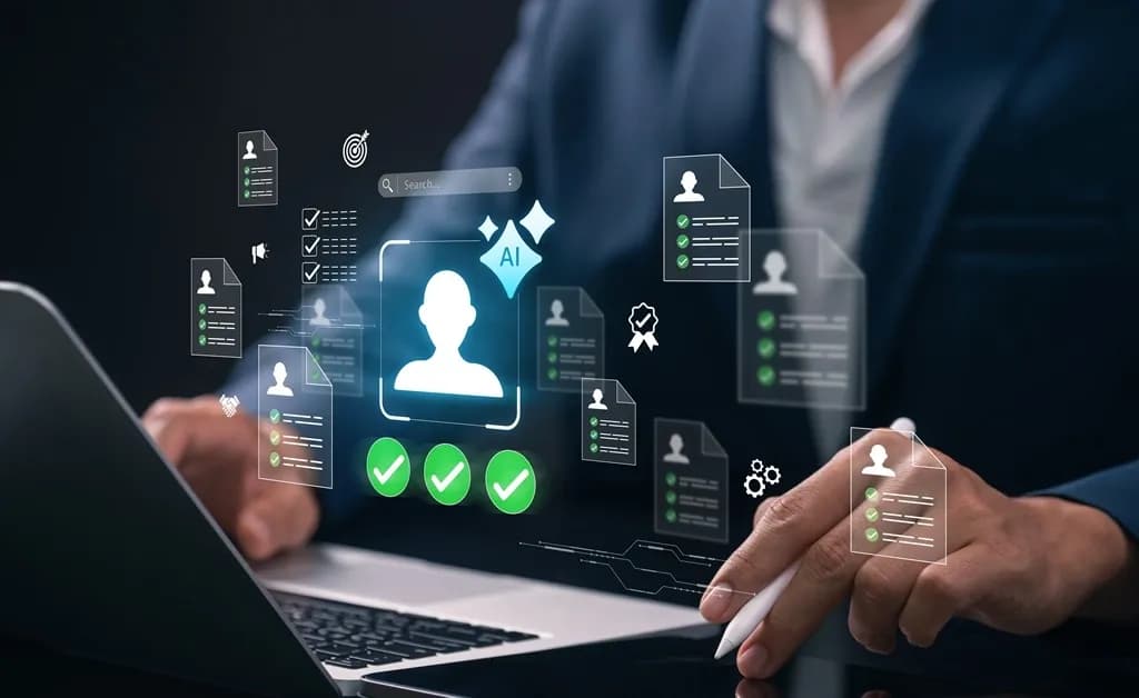 AI-powered HR workflow showing digital candidate profiles, hiring checklists, and automation tools.
