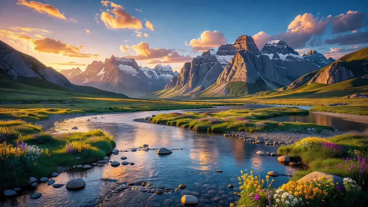 AI-generated 4K wallpaper featuring a mountain landscape with a winding river, wildflowers, and a colorful sunset sky, created using an AI wallpaper generator.