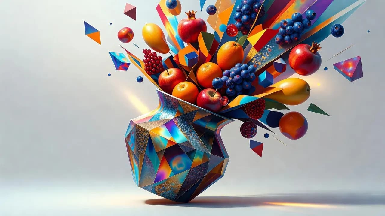 AI-generated 4K wallpaper featuring colorful geometric shapes and floating fruit arranged in an abstract artistic composition, created with an AI wallpaper generator.