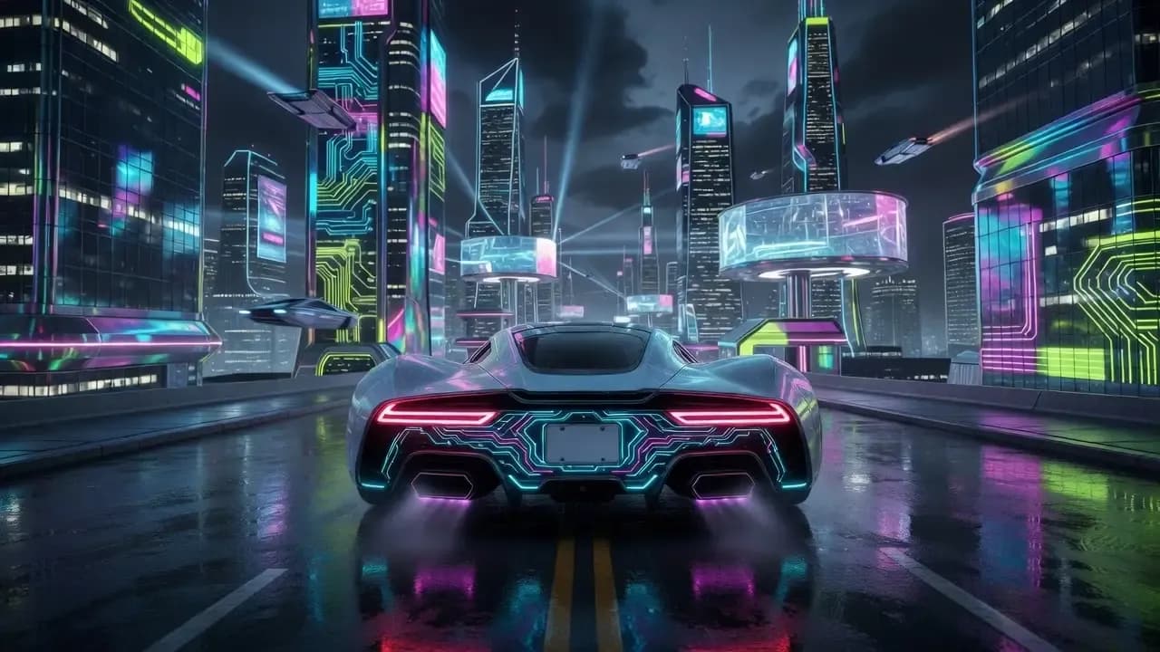 AI-generated 4K wallpaper featuring a futuristic sports car driving through a neon-lit cyberpunk city with glowing skyscrapers and advanced technology elements, created using an AI wallpaper generator.