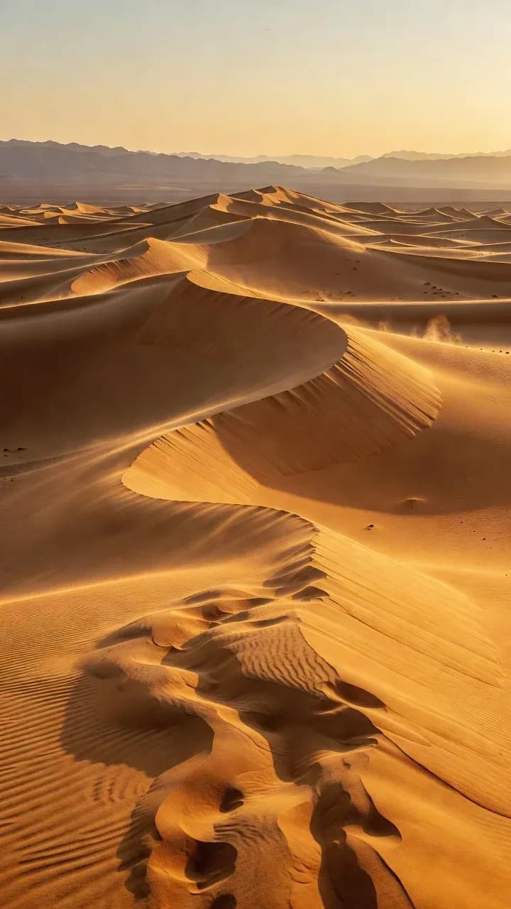 AI-generated 4K wallpaper of an endless desert at golden hour, with towering sculpted sand dunes, dramatic wind-swept patterns, warm amber and deep orange tones, distant mountains fading into the haze, and cinematic volumetric sunlight in an ultra-realistic landscape.