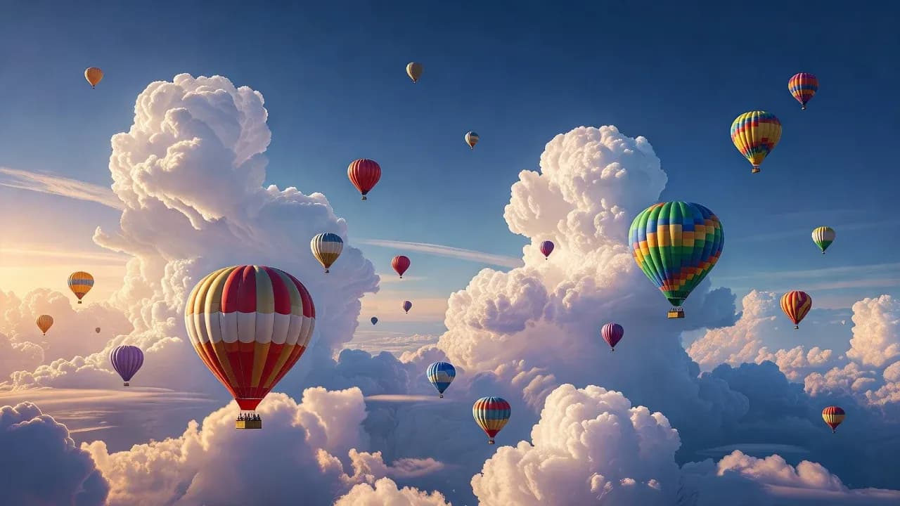 AI-generated 4K wallpaper showing colorful hot air balloons floating among dramatic clouds in a bright blue sky, created with an AI wallpaper generator.