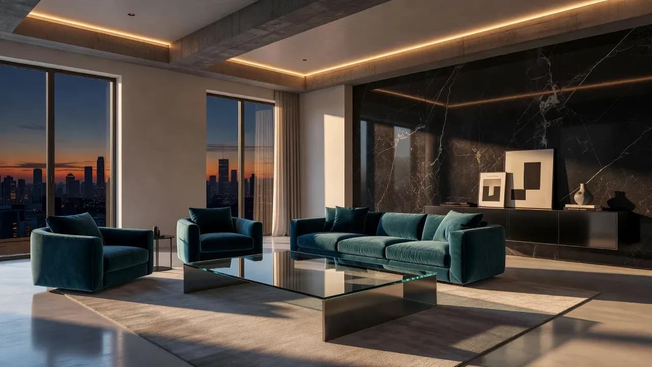 AI-generated modern luxury living room with contemporary furniture and city views, created as a high-quality wallpaper concept for design mockups, mood boards, social graphics, and creative inspiration.