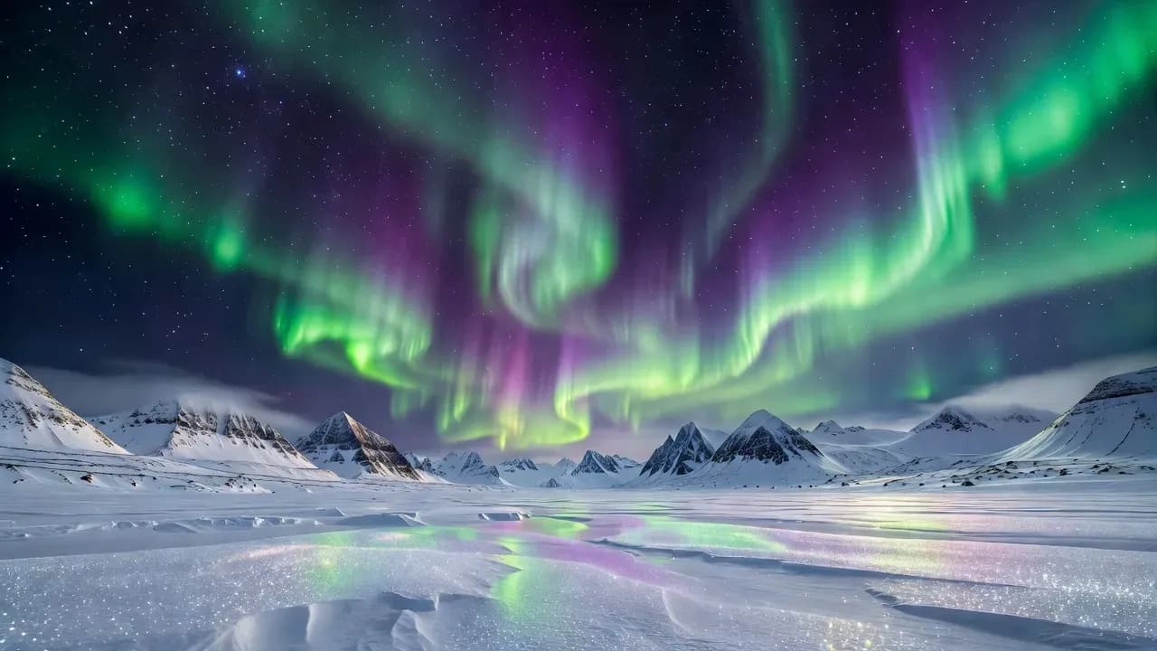 AI-generated 4K wallpaper featuring vibrant northern lights above a snowy mountain landscape, reflected on an icy surface, created using an AI wallpaper generator.