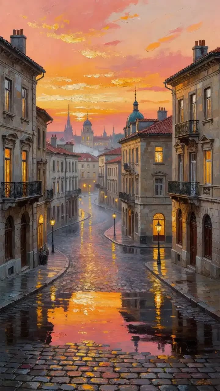 AI-generated 4K wallpaper depicting a magnificent city as a classic oil painting, featuring elegant stone buildings, winding streets, warm golden window light, and colorful reflections on rain-soaked cobblestones. Rich brushstroke textures, soft sunset hues, and a romantic fine-art atmosphere create a museum-quality masterpiece.