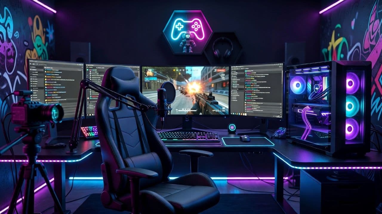AI-generated 4K wallpaper featuring a neon-lit gaming and streaming setup with multiple monitors, RGB lighting, a microphone, and content creation equipment, designed for streamers and content creators creating channel art, video intro screens, and branded backgrounds.