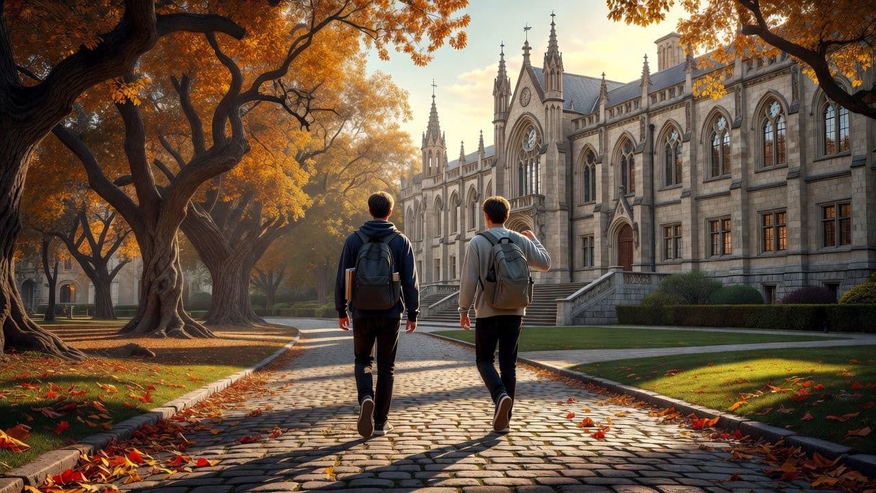 AI-generated 4K wallpaper showing two students walking through a scenic university campus in autumn, customized to match personal interests, academic aspirations, and individual style.