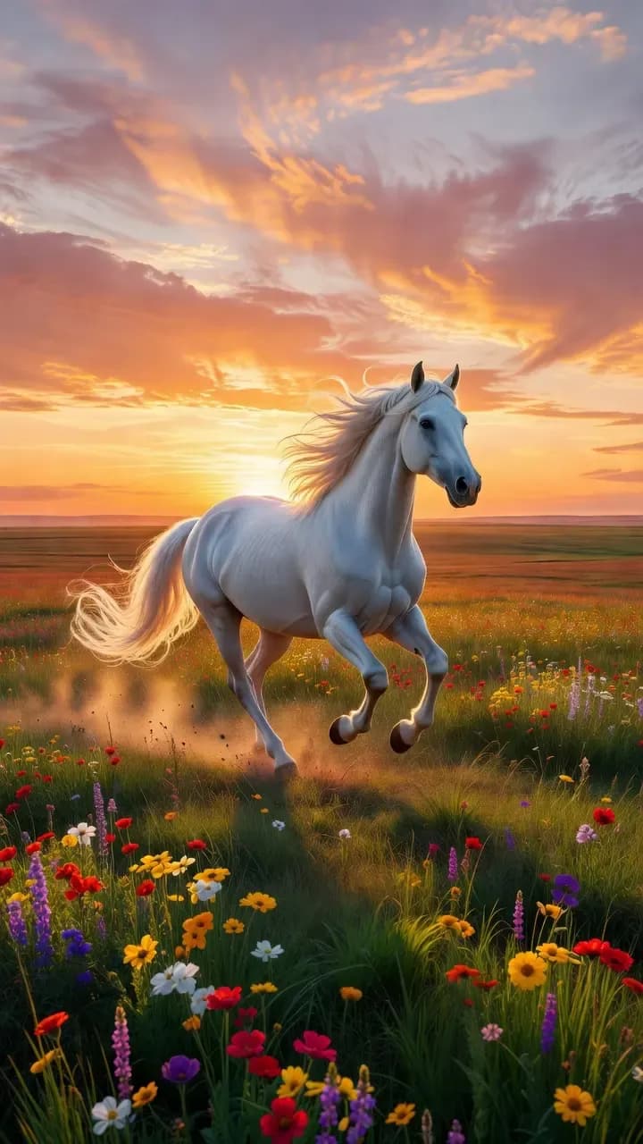 AI-generated 4K wallpaper of a majestic white horse galloping across a vast meadow at sunrise, its flowing mane illuminated by golden light. Wildflowers sway in the breeze beneath a sky painted with orange, pink, and gold hues, creating a cinematic, ultra-realistic scene that captures freedom, beauty, and graceful motion.