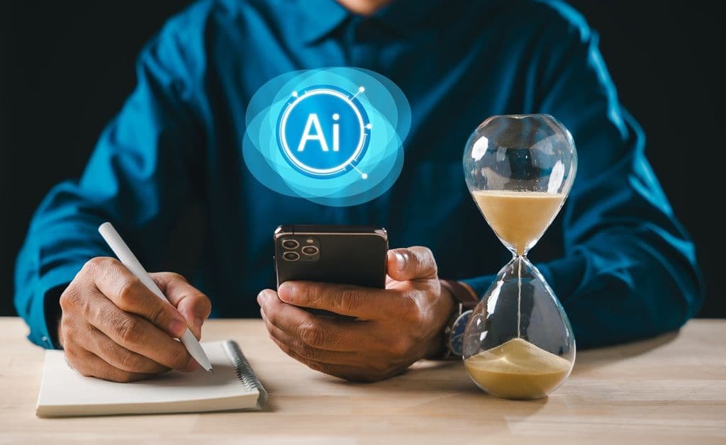 Person using AI on a smartphone with an hourglass while planning productivity tasks