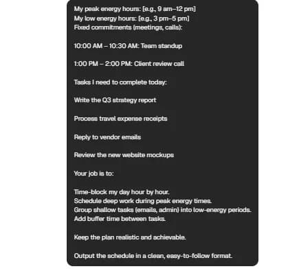 ChatGPT productivity prompt for creating a daily time-blocked schedule