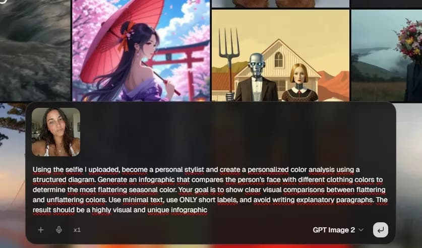 Color analysis prompt entered in Lorka AI with GPT Image 2 selected and a selfie uploaded.