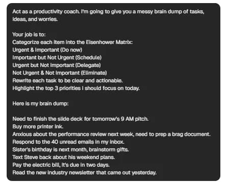 ChatGPT productivity prompt for organizing a brain dump with the Eisenhower Matrix