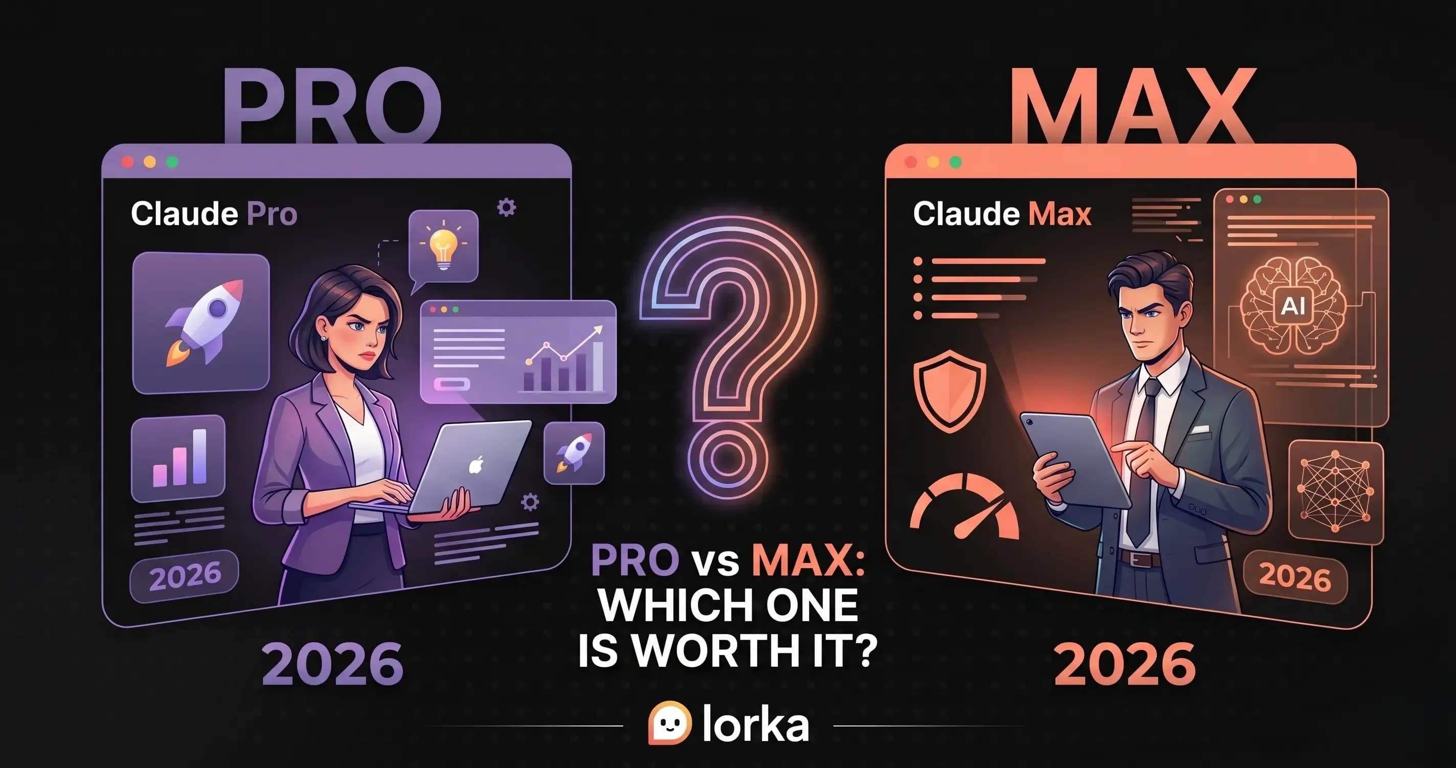 Illustration comparing Claude Pro and Claude Max plans in 2026 with a question of which is worth it, alongside Lorka as an alternative multi-model AI option