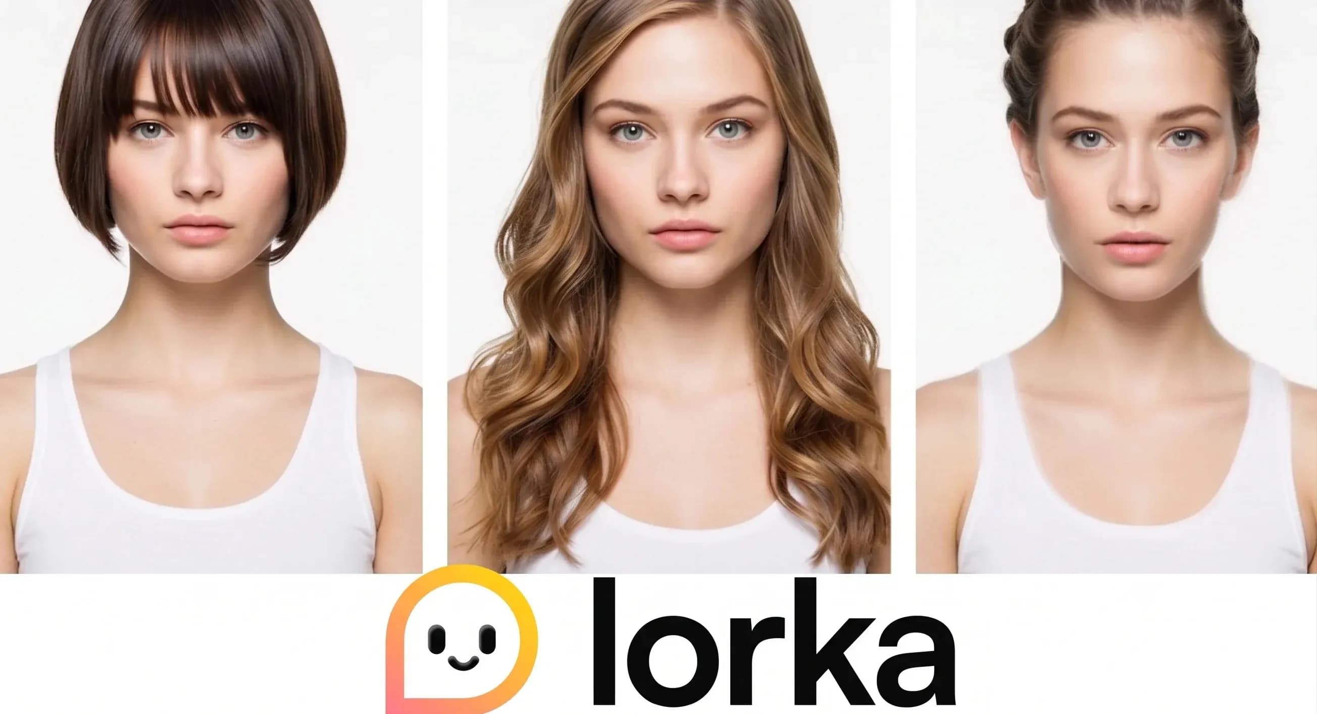 Three side-by-side portraits of the same woman with different hairstyles (short bob with bangs, long wavy hair, and braided updo) demonstrating AI hairstyle comparison