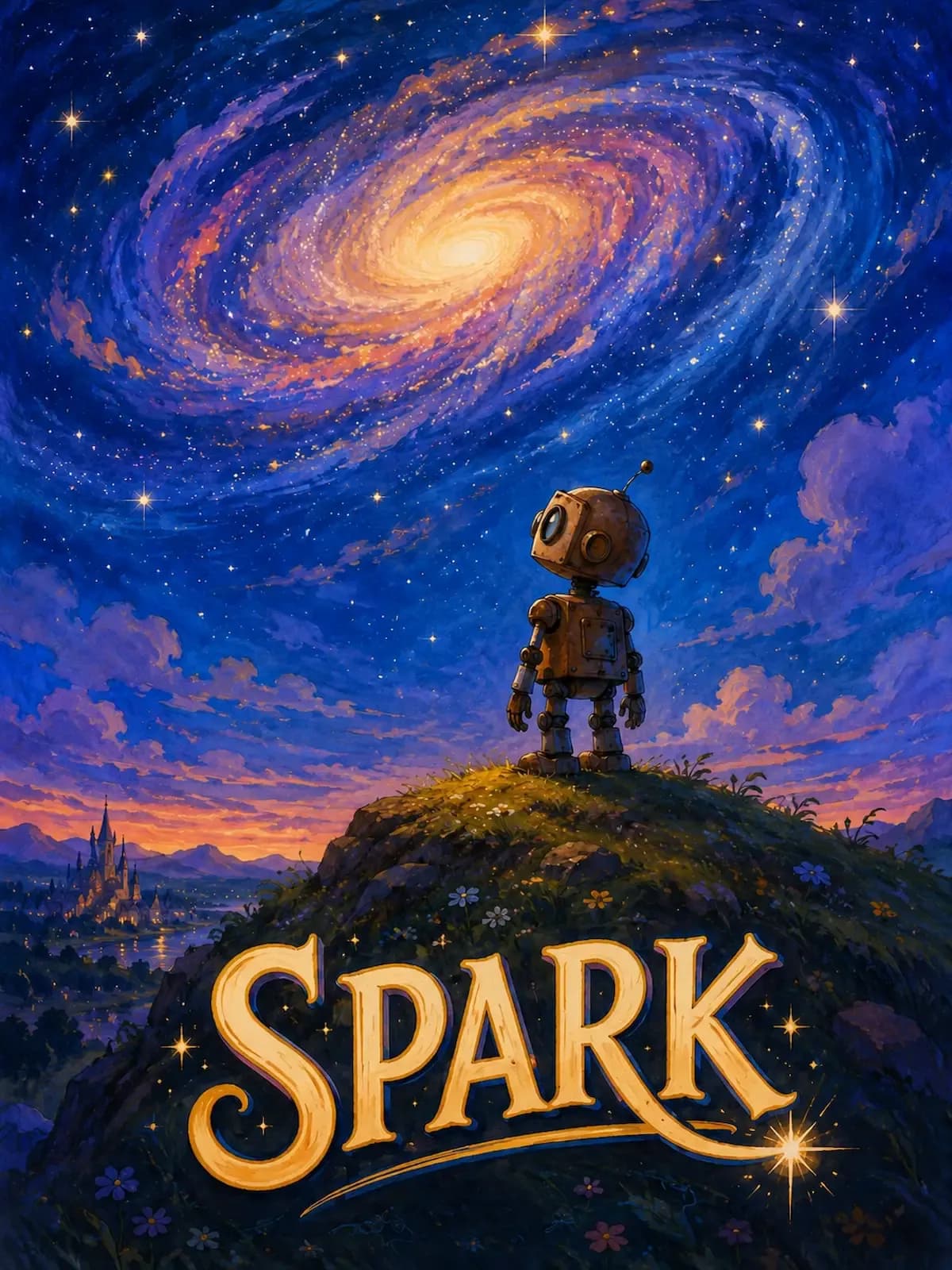 Small adorable robot gazing at a glowing spiral galaxy in a Disney-inspired fantasy movie poster.