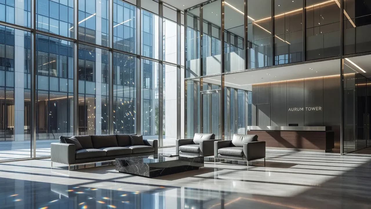 Modern glass office lobby with luxury furniture and natural daylight, generated with Grok Imagine on Lorka AI.