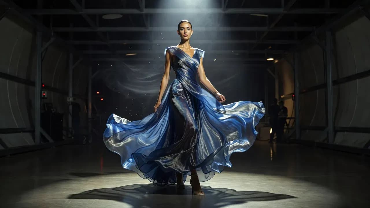 Fashion model in a flowing blue dress walking under dramatic studio lighting, generated with Grok Imagine on Lorka AI.