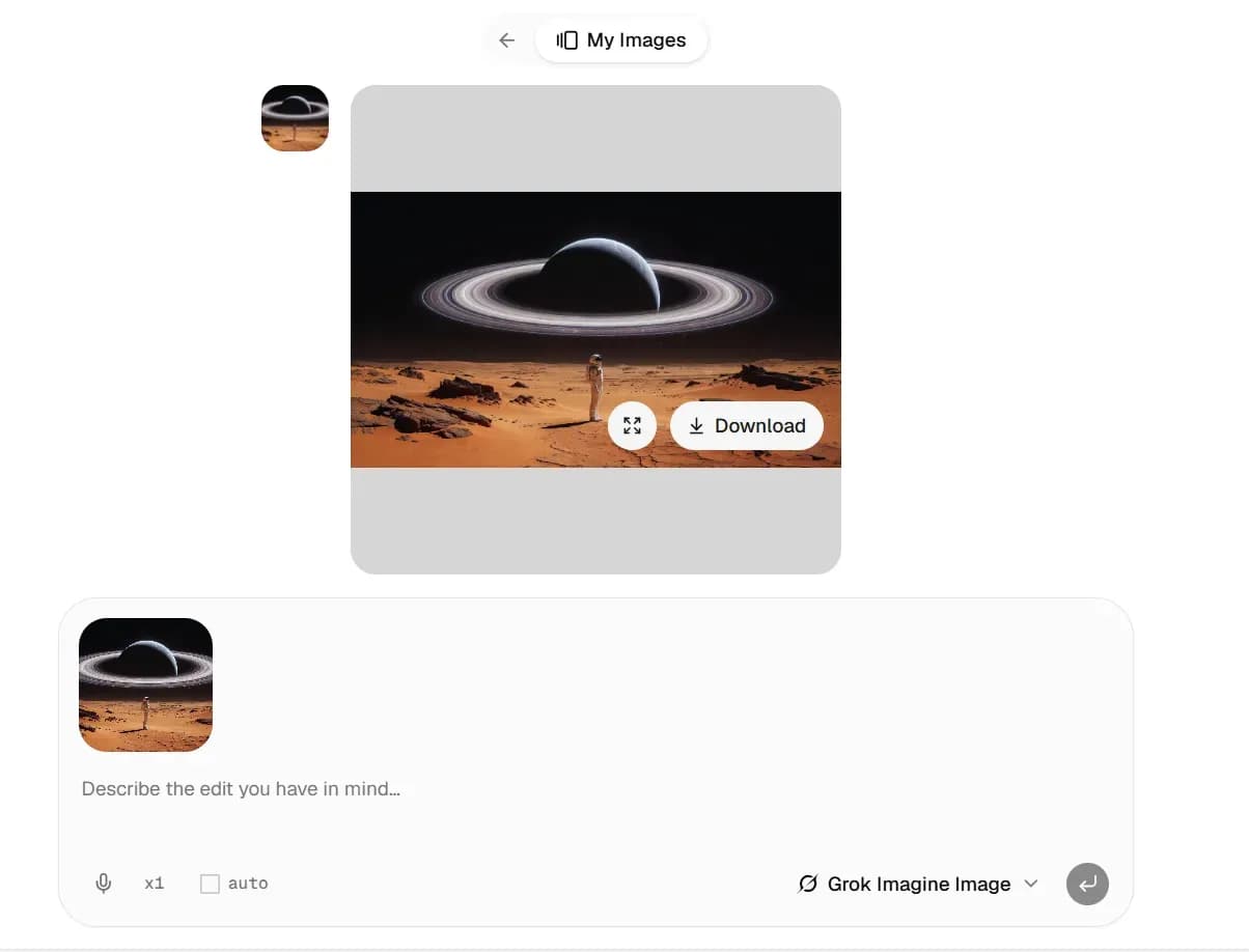 Lorka AI image editor displaying a generated space scene ready for refinement with Grok Imagine.