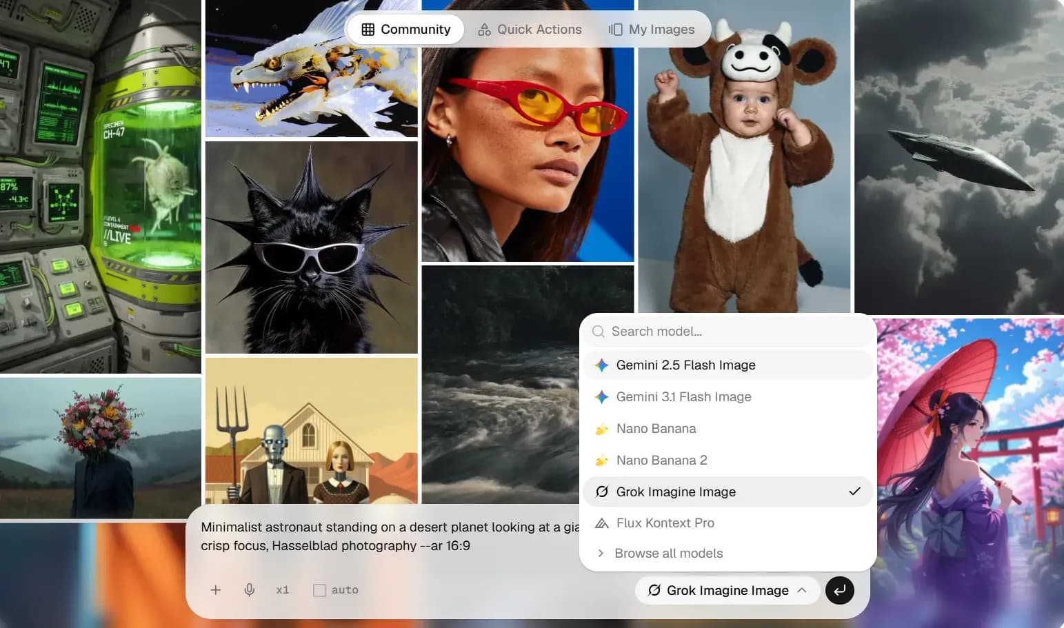 Lorka AI's all-in-one AI platform with Grok Imagine selected as the image generation model.