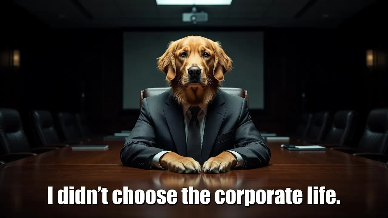 Golden retriever in a business suit sitting at a boardroom table with the text "I didn't choose the corporate life," generated with Grok Imagine on Lorka AI.