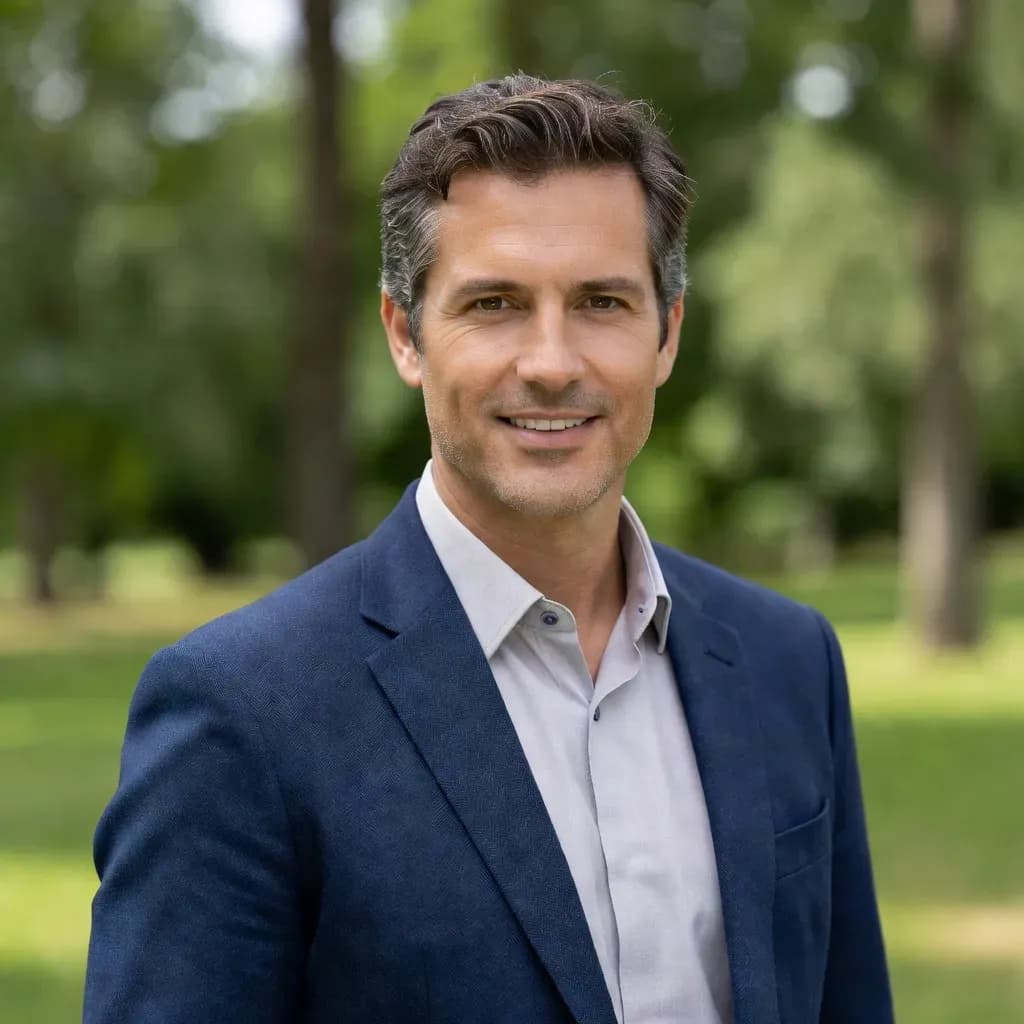 Professional outdoor portrait of a smiling man wearing a navy blazer, generated with Grok Imagine on Lorka AI.