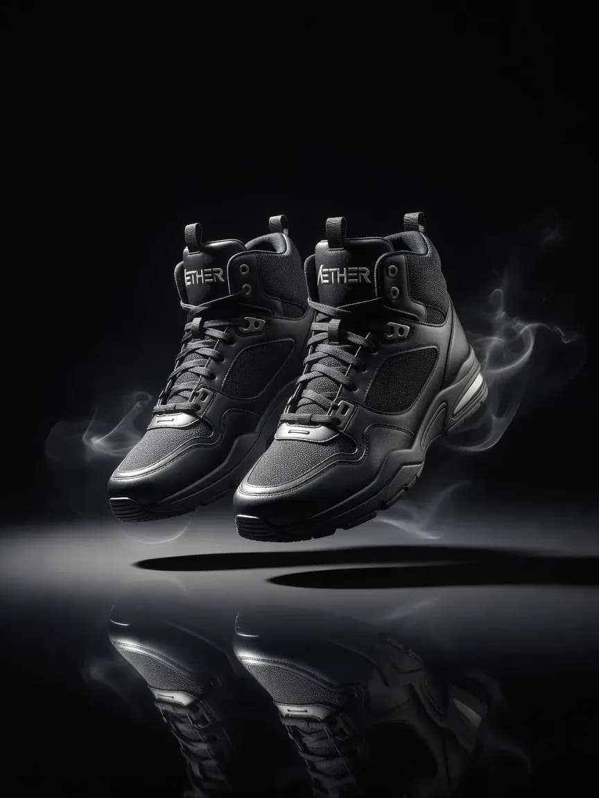 Photorealistic black sneakers floating above a reflective surface, generated with Grok Imagine on Lorka AI's all-in-one AI platform.