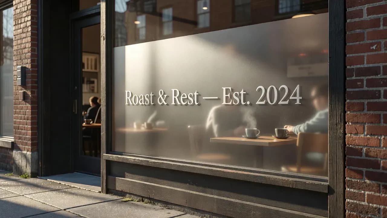 Coffee shop window displaying the text "Roast & Rest — Est. 2024," created with Grok Imagine on Lorka AI.