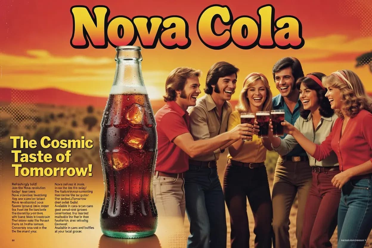 Vintage Nova Cola magazine advertisement with retro typography and branding, created with Grok Imagine on Lorka AI.