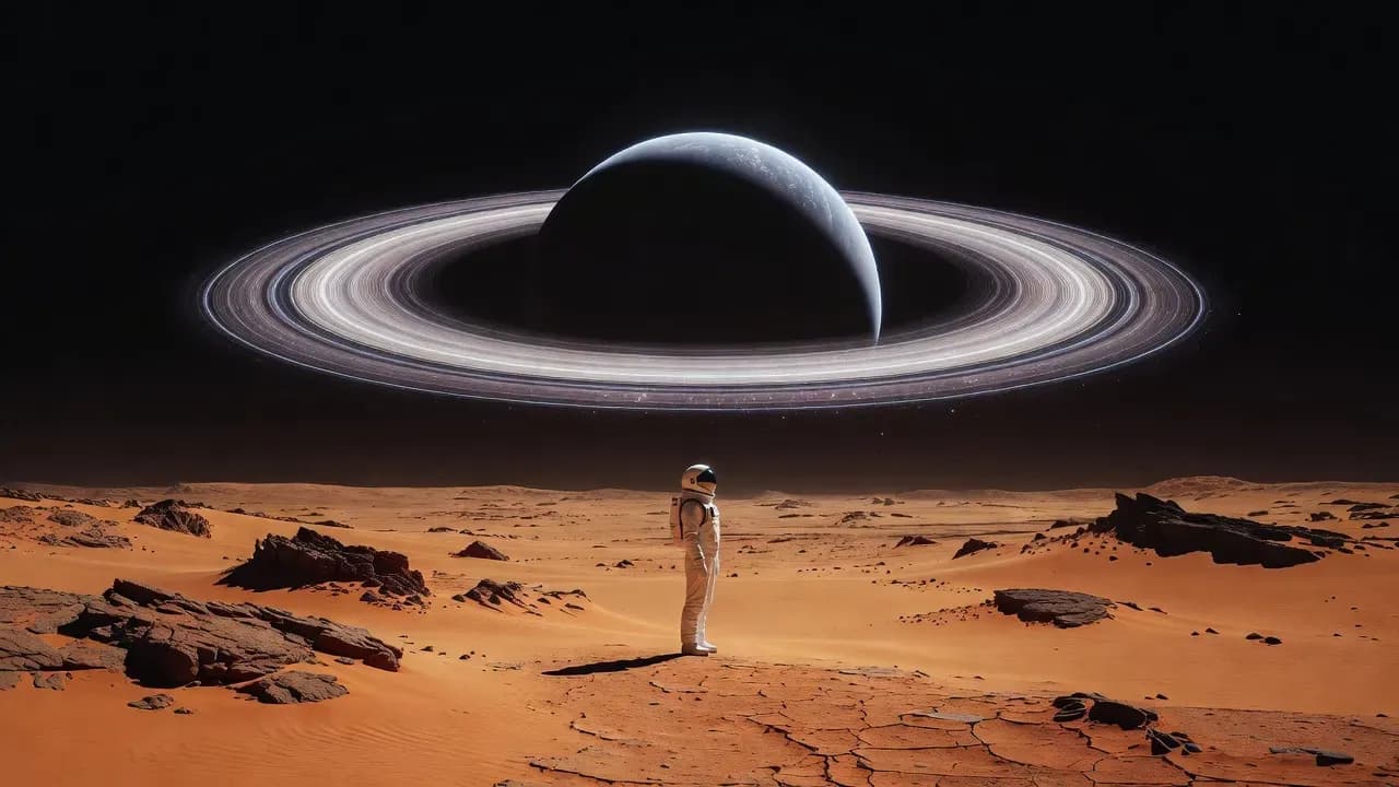 Astronaut standing on a desert planet beneath a giant ringed planet, generated with Grok Imagine on Lorka AI.
